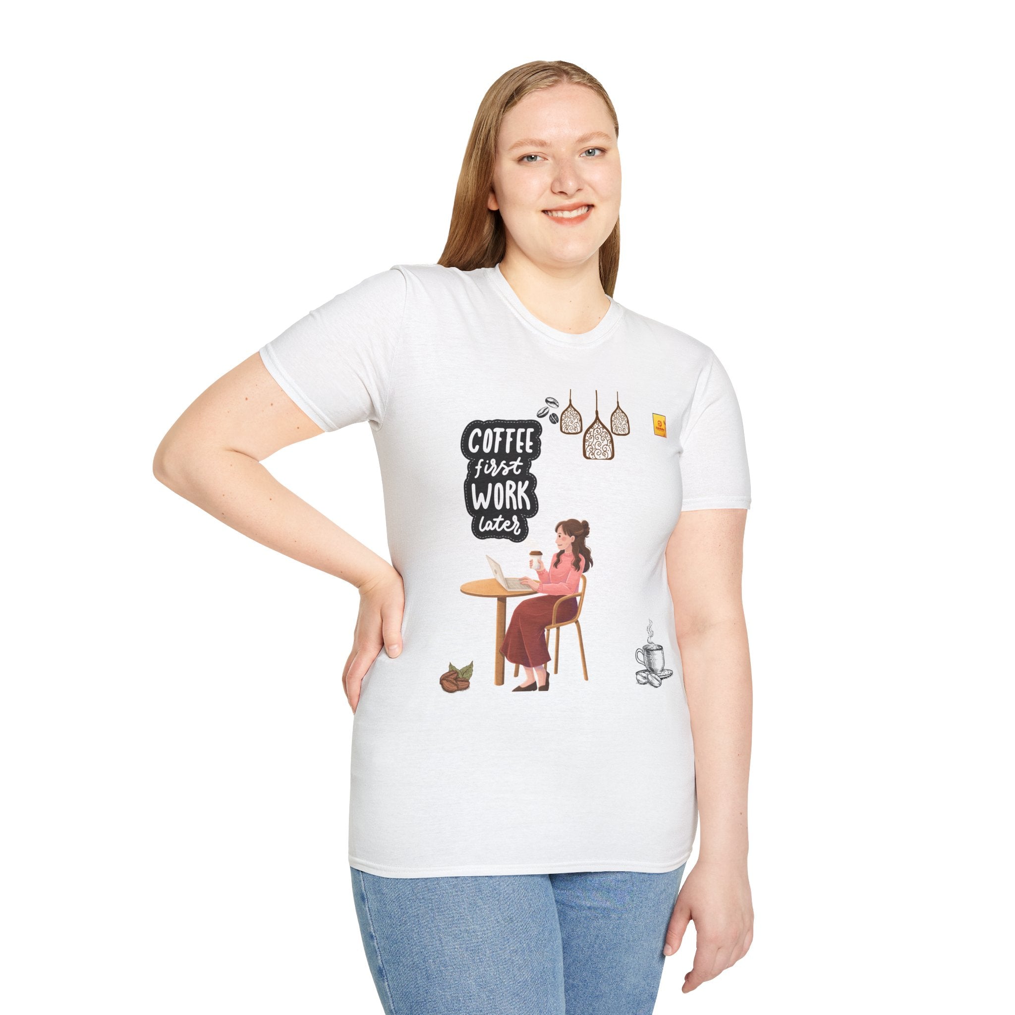 Coffee First Work Later T-Shirt — Relaxed Café Vibes Tee for Remote Workers