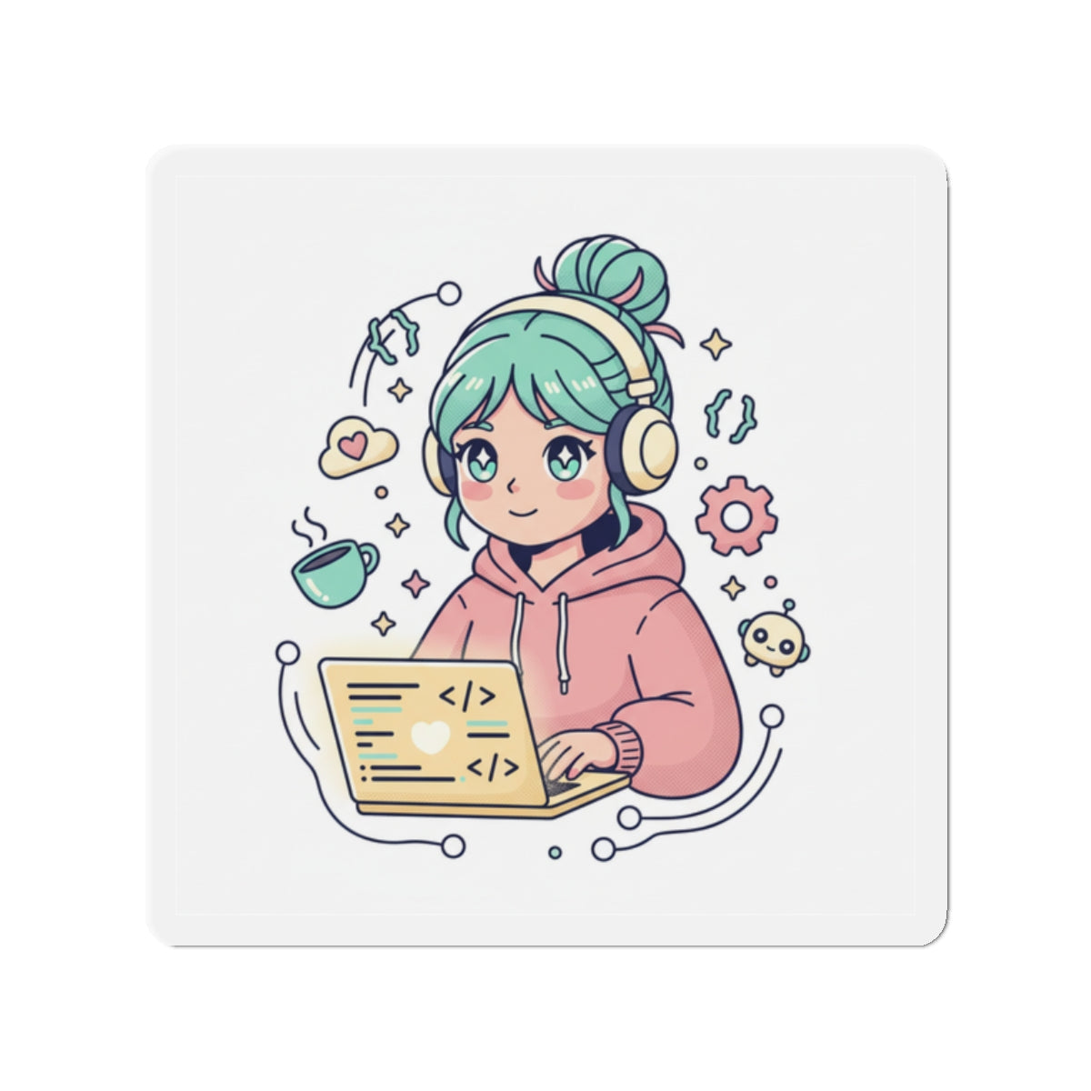 Cute Girl Coder Die-Cut Magnet — Kawaii Programmer Laptop Sticker for Developers