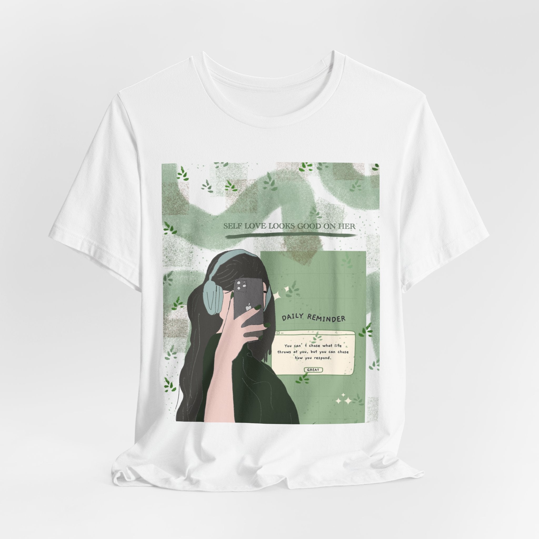 Aesthetic Green Girl Graphic Tee — "Deep Reminders" Self-Care T-Shirt
